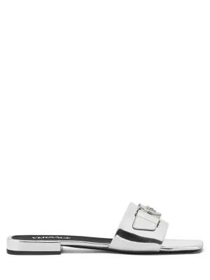 Versace Medusa Buckle Metallic Flat Sandal Mule in Silver