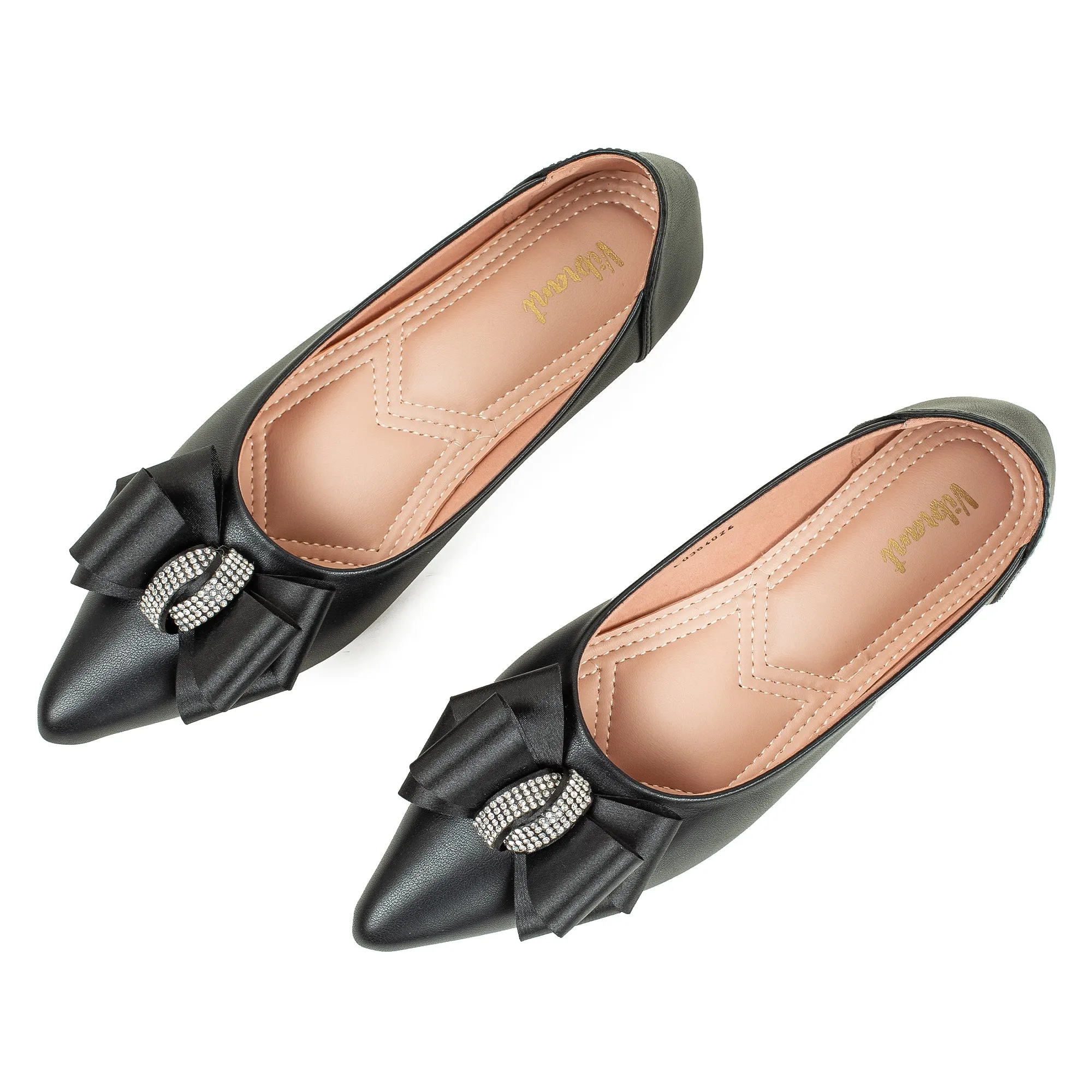 Vibrant Black Pointed Toe Ballerina Flats – Elegant Bow Design, PU Leather, Cushioned Insole for Women