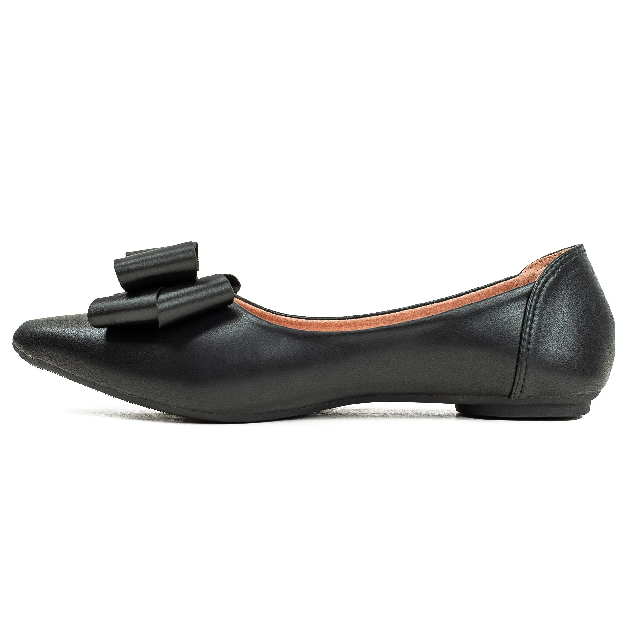 Vibrant Black Pointed Toe Ballerina Flats – Elegant Bow Design, PU Leather, Cushioned Insole for Women
