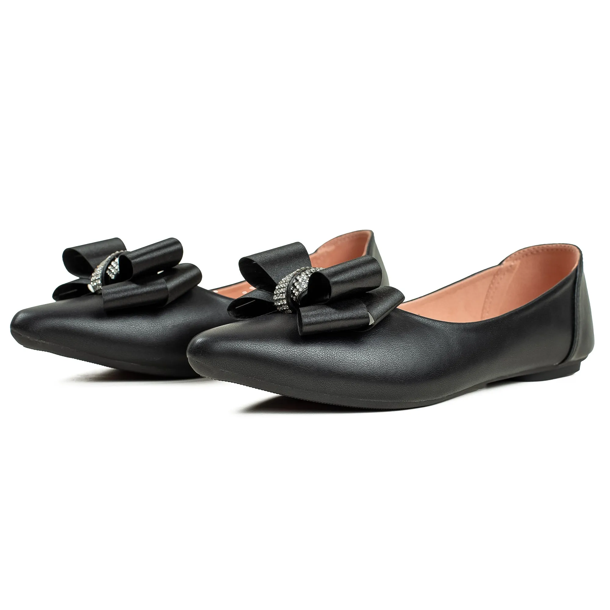 Vibrant Black Pointed Toe Ballerina Flats – Elegant Bow Design, PU Leather, Cushioned Insole for Women