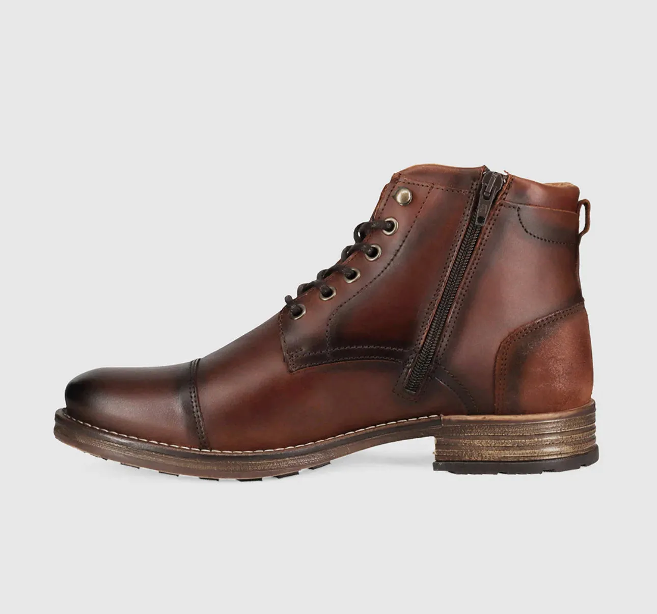 Wild Rhino Scotia Burnished Brown 6 Eyelet Zip Ankle Boot Made In Portugal