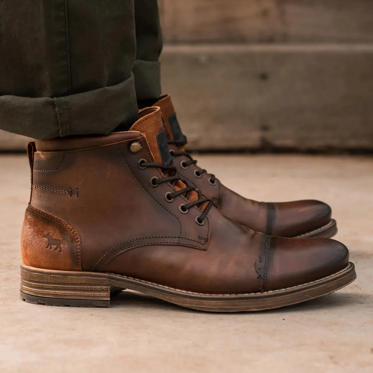 Wild Rhino Scotia Burnished Brown 6 Eyelet Zip Ankle Boot Made In Portugal
