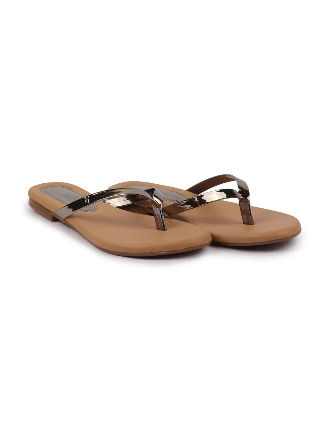 Women Metal Shiny Sleek T-Strap Slipper With Cushioned Footbed|Flat Slipper For Party|Office Wear|Weekend