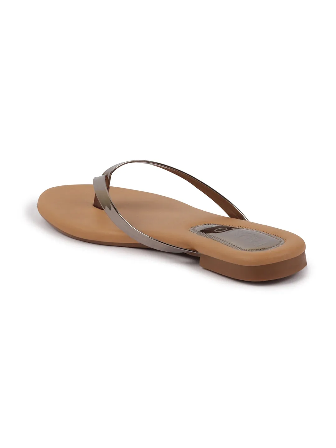 Women Metal Shiny Sleek T-Strap Slipper With Cushioned Footbed|Flat Slipper For Party|Office Wear|Weekend