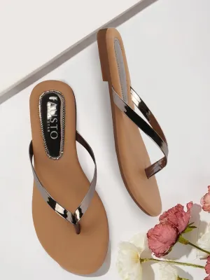 Women Metal Shiny Sleek T-Strap Slipper With Cushioned Footbed|Flat Slipper For Party|Office Wear|Weekend