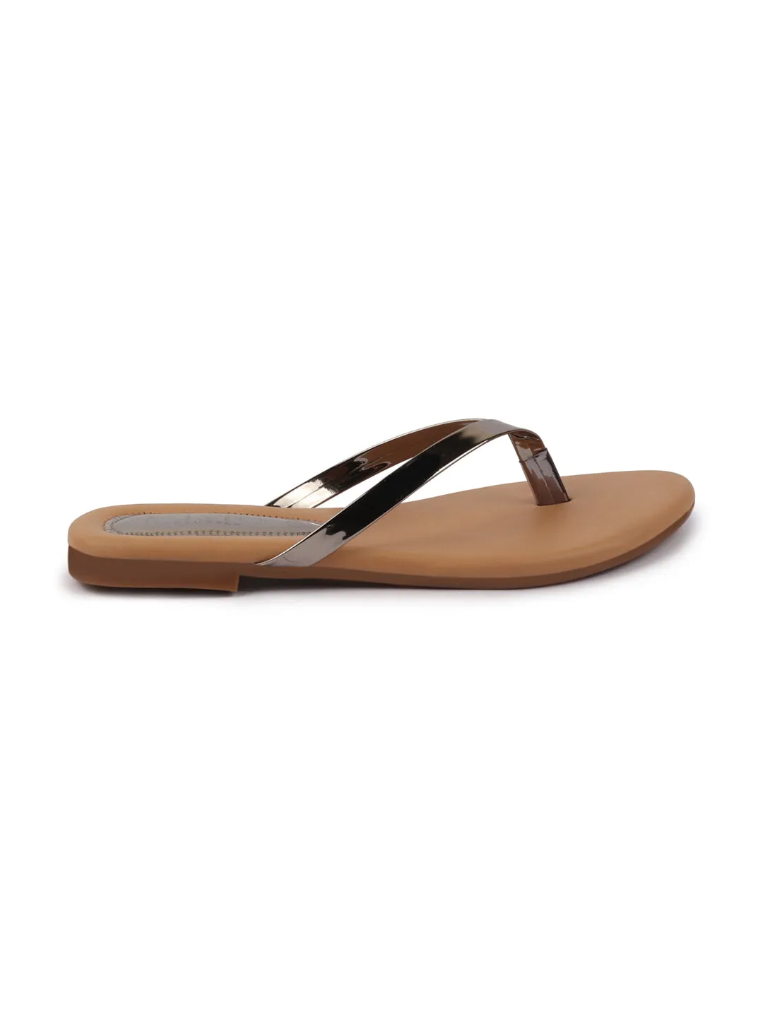 Women Metal Shiny Sleek T-Strap Slipper With Cushioned Footbed|Flat Slipper For Party|Office Wear|Weekend