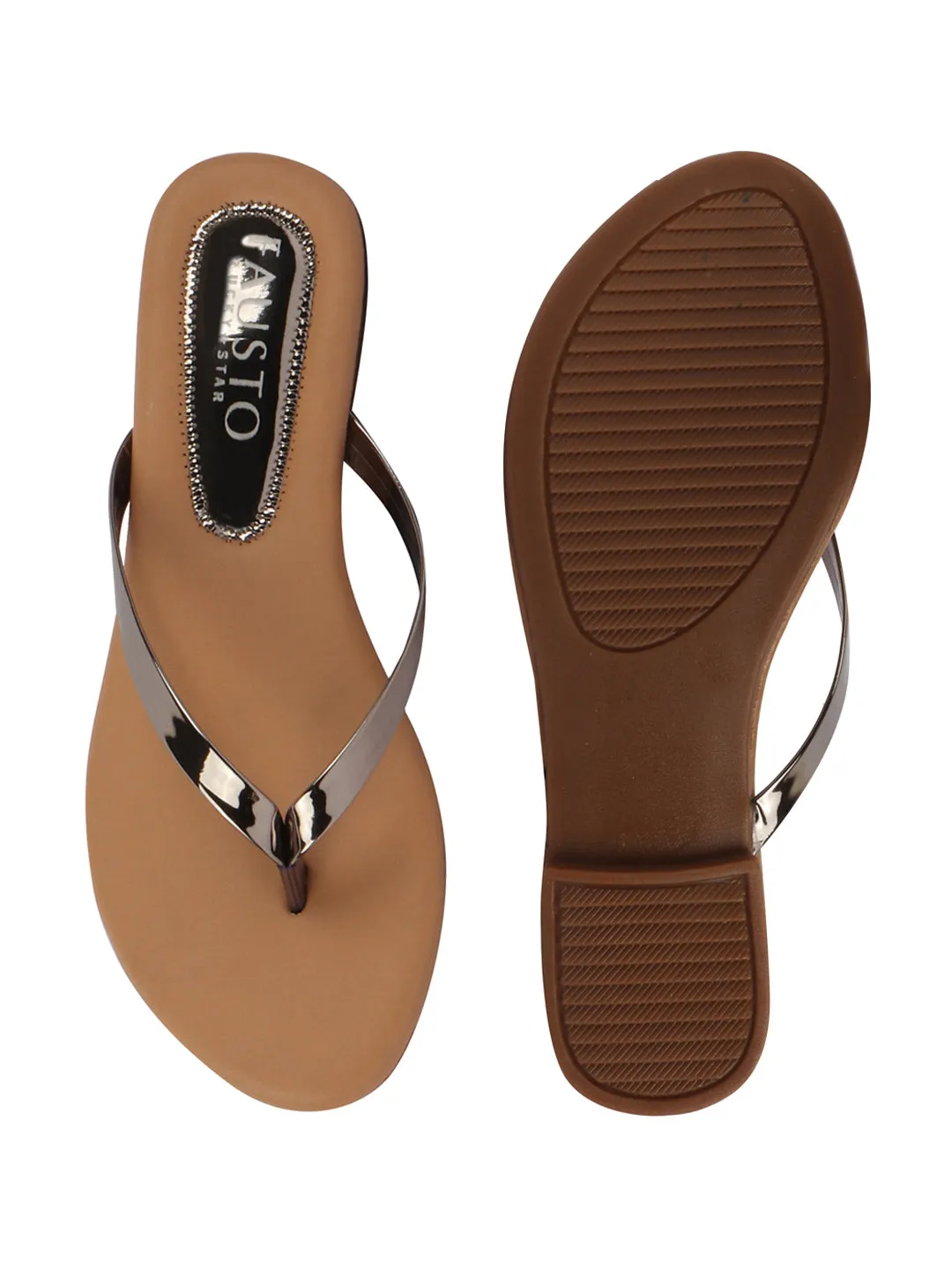 Women Metal Shiny Sleek T-Strap Slipper With Cushioned Footbed|Flat Slipper For Party|Office Wear|Weekend