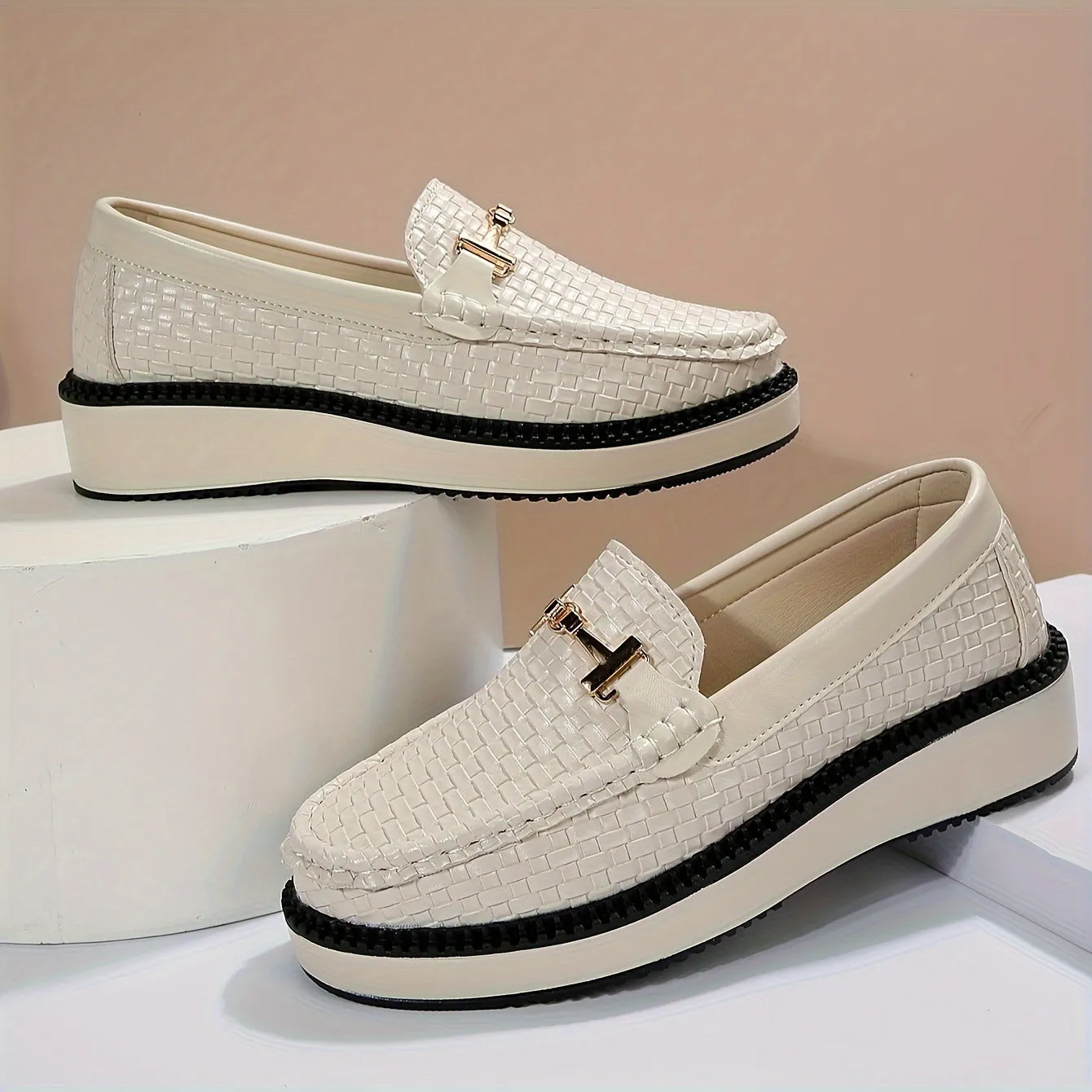 Women's Braided Textured Loafers, Buckle Decor Round Toe Shoes