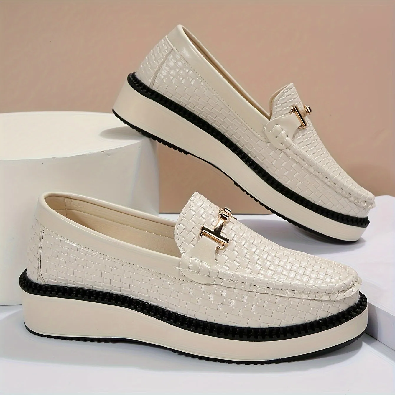 Women's Braided Textured Loafers, Buckle Decor Round Toe Shoes