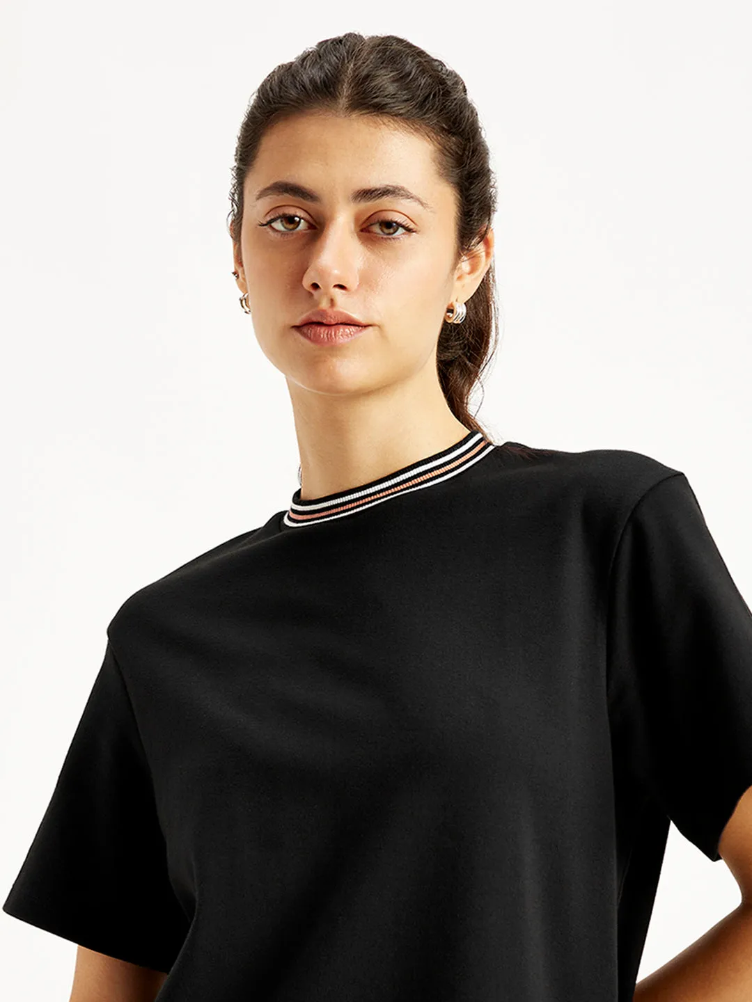 Women's Solid Black Crew Neck Dress