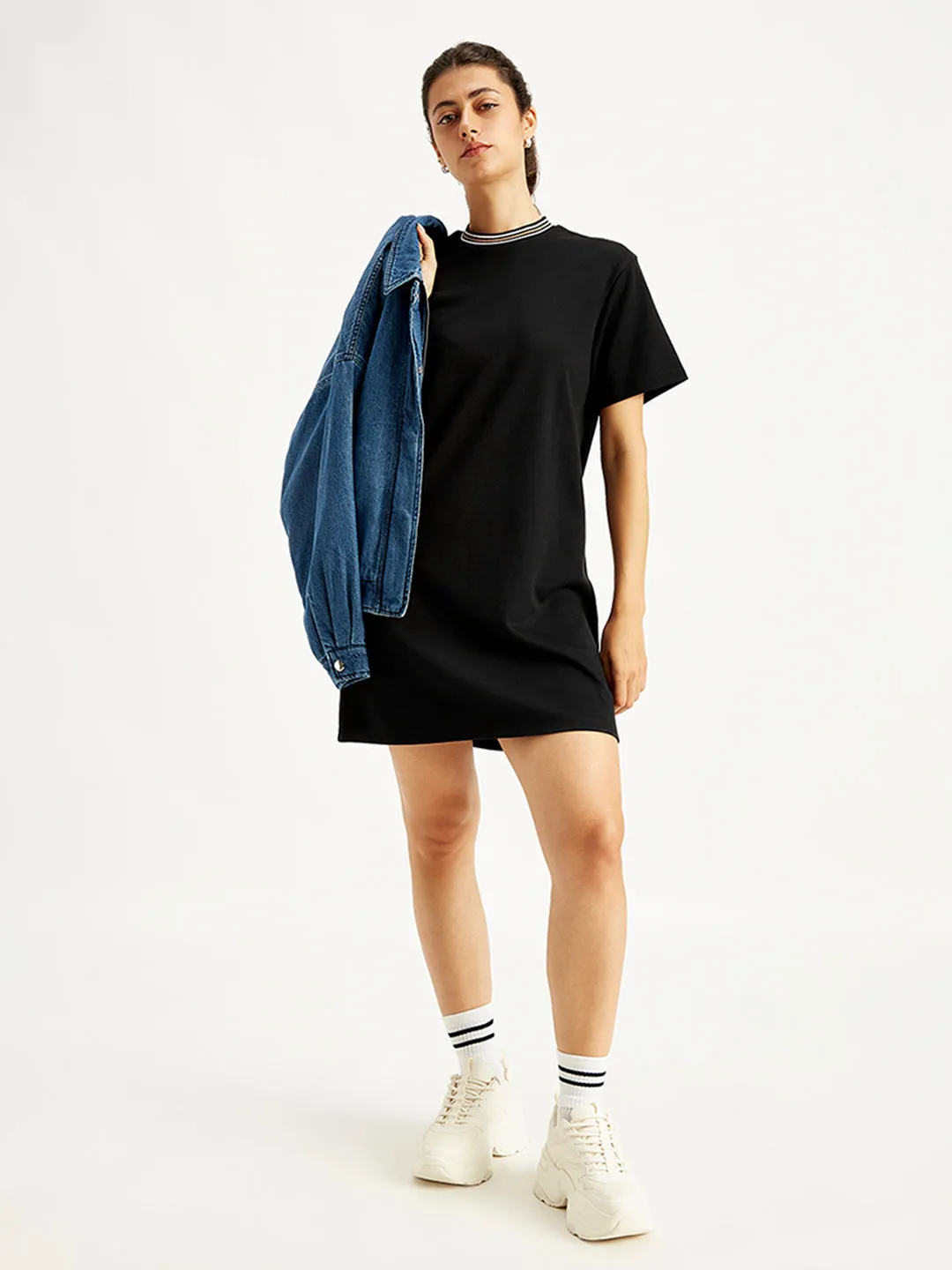 Women's Solid Black Crew Neck Dress