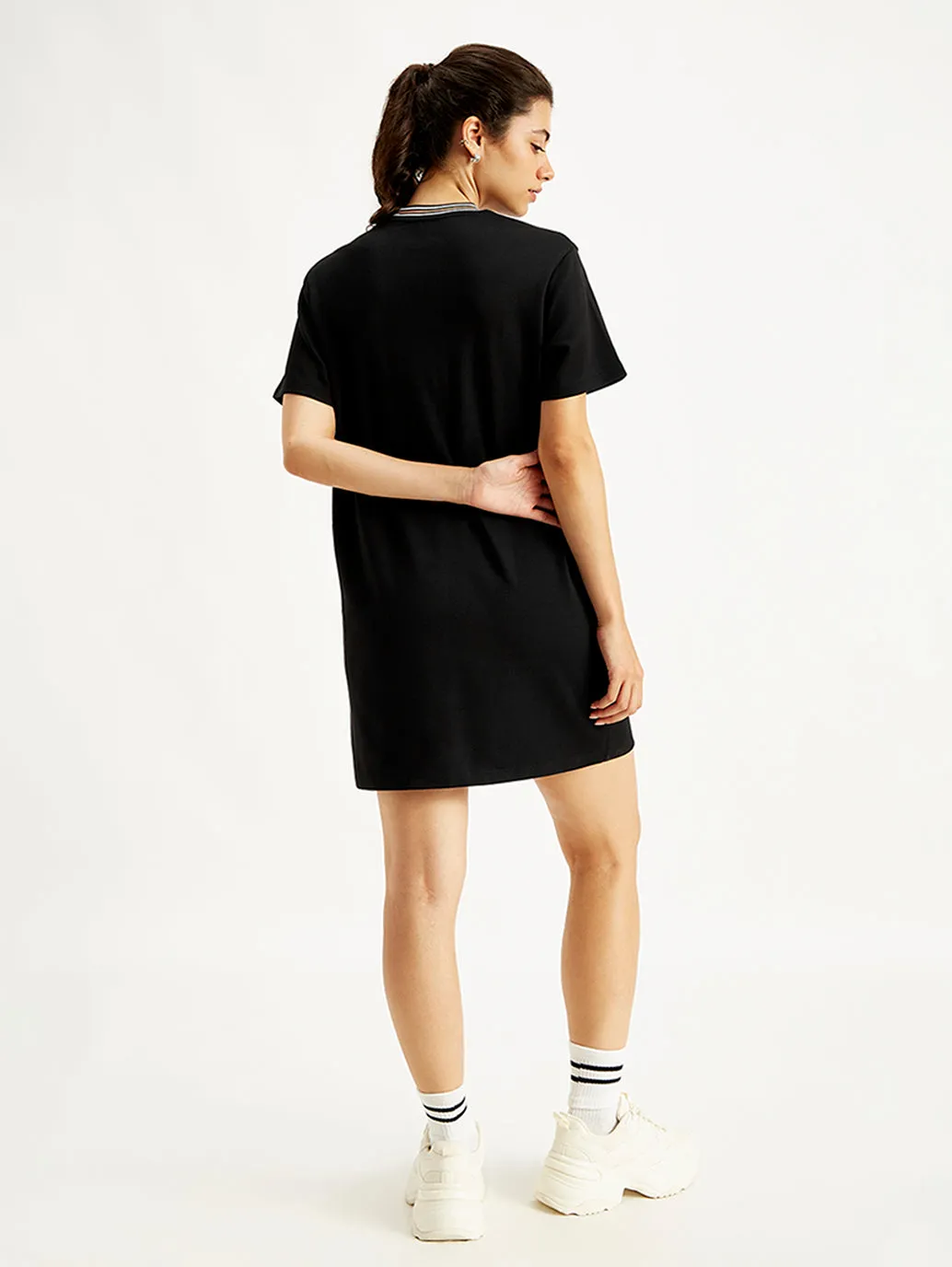 Women's Solid Black Crew Neck Dress