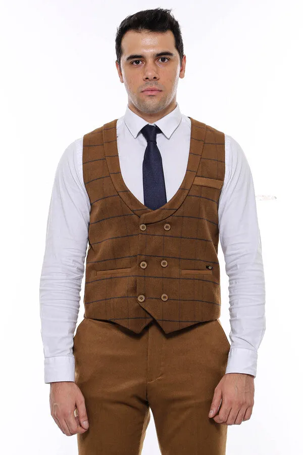 WSS Plaid Double Breasted Tan Men Vest  - Singen