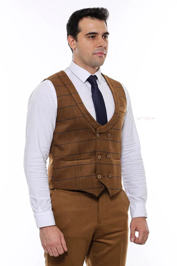 WSS Plaid Double Breasted Tan Men Vest  - Singen
