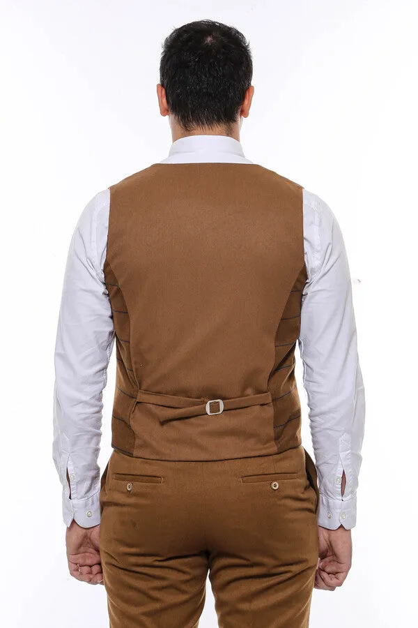 WSS Plaid Double Breasted Tan Men Vest  - Singen
