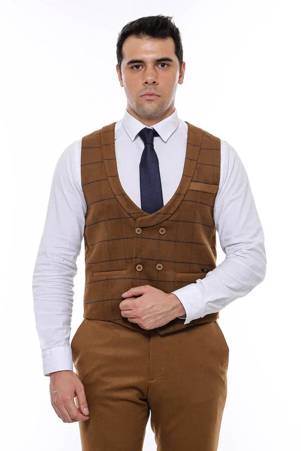 WSS Plaid Double Breasted Tan Men Vest  - Singen