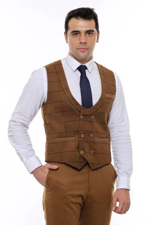 WSS Plaid Double Breasted Tan Men Vest  - Singen