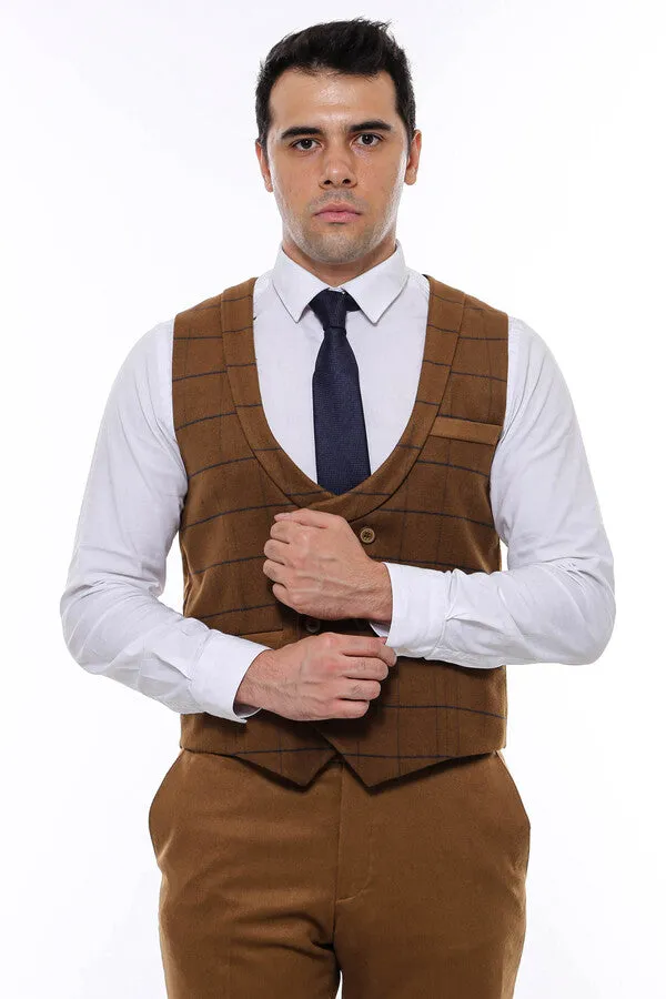 WSS Plaid Double Breasted Tan Men Vest  - Singen