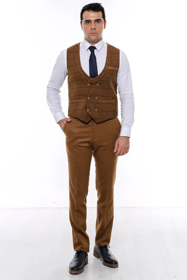 WSS Plaid Double Breasted Tan Men Vest  - Singen