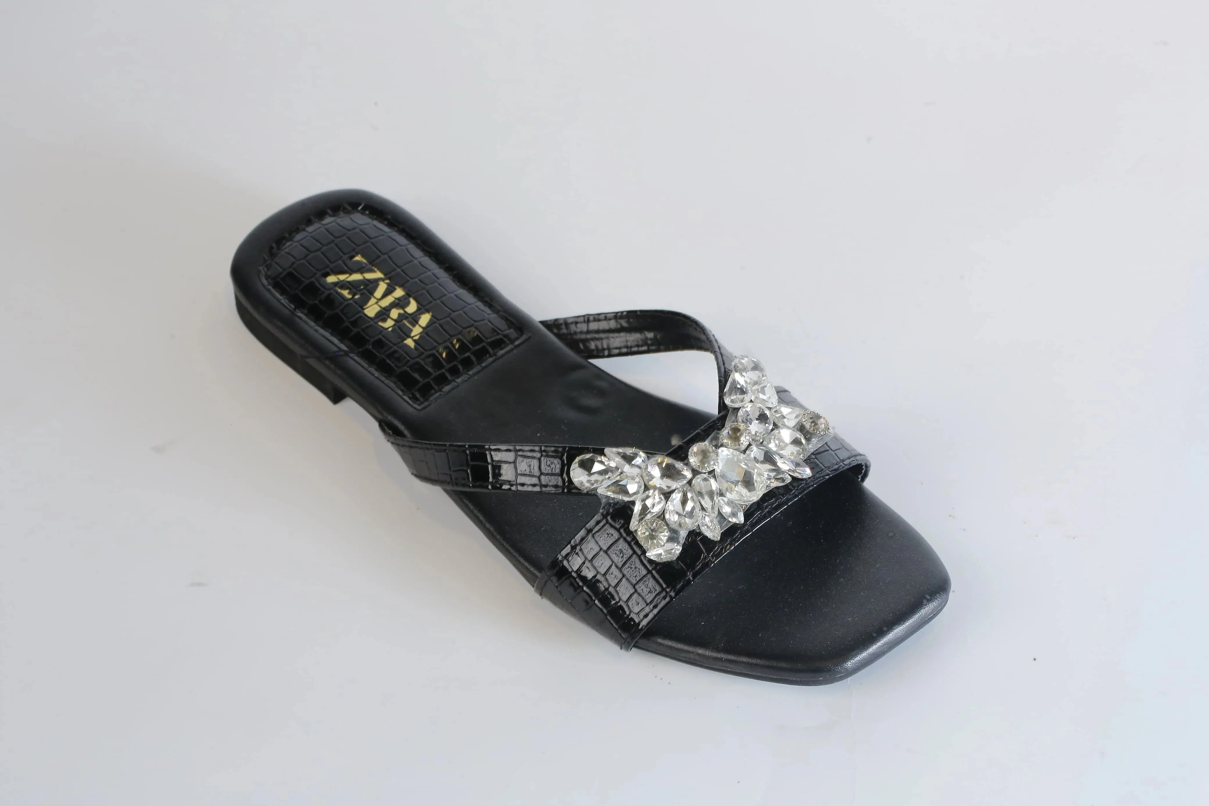 ZARA CRYSTAL FLAT SANDALS - BLACK