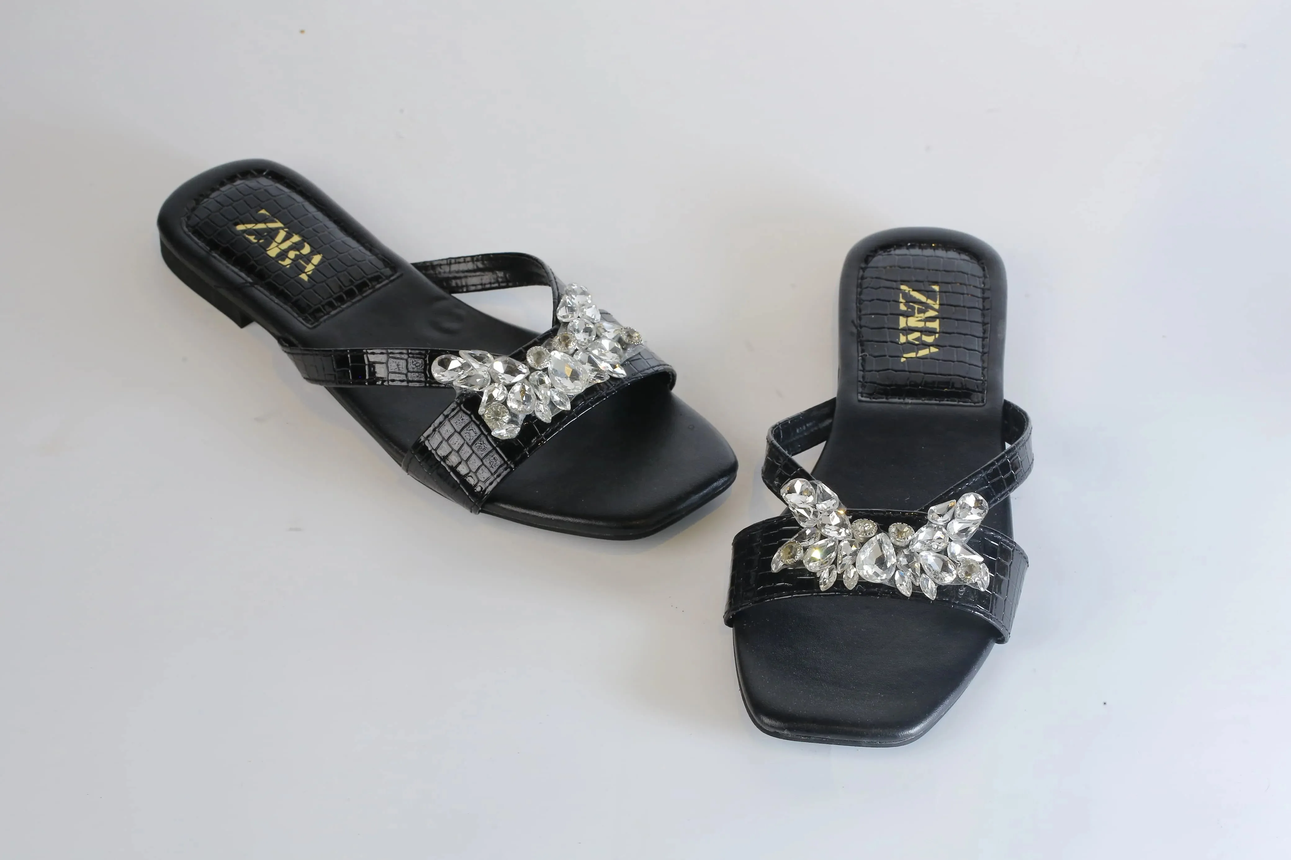 ZARA CRYSTAL FLAT SANDALS - BLACK