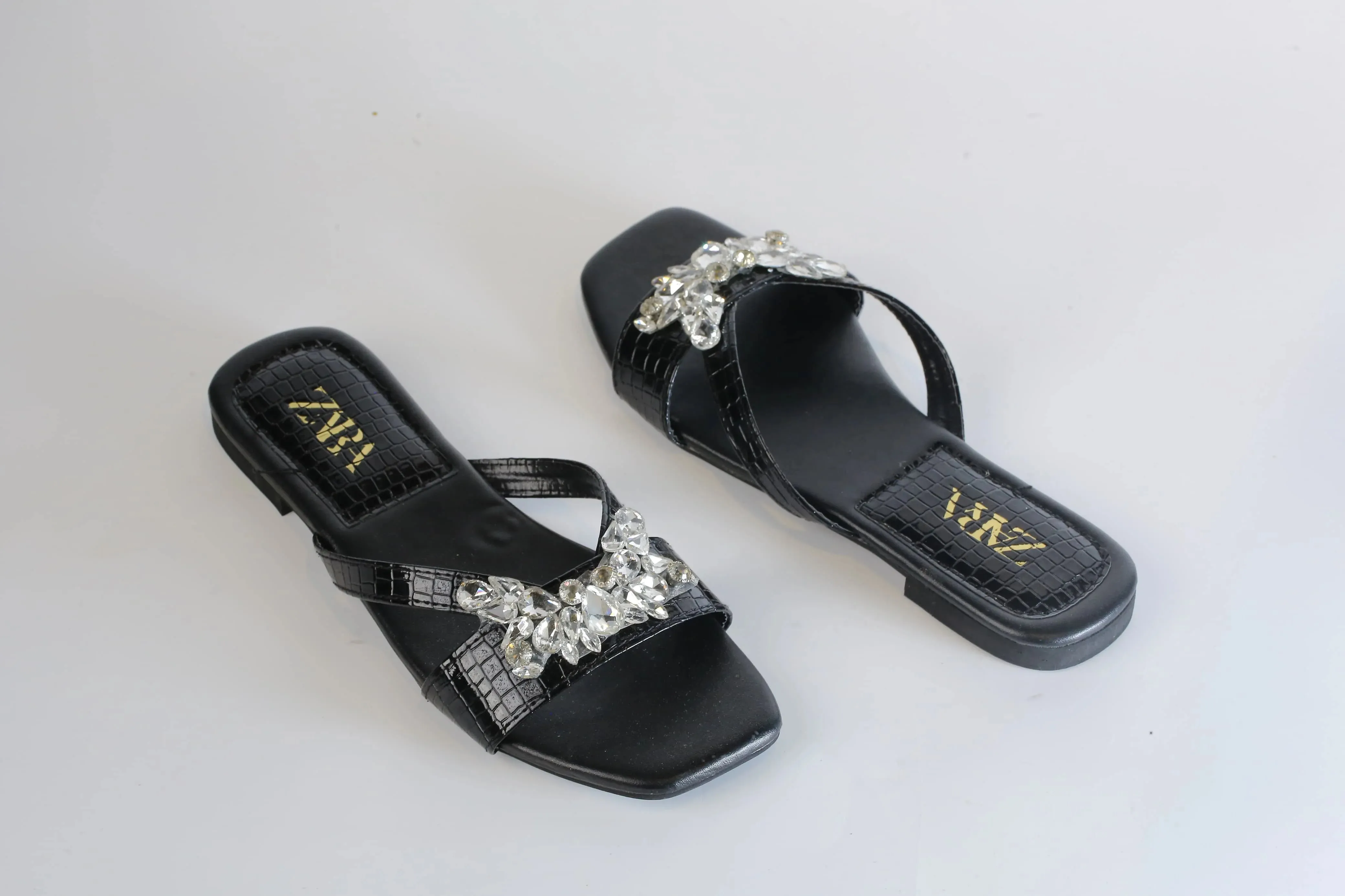 ZARA CRYSTAL FLAT SANDALS - BLACK