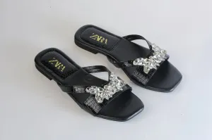ZARA CRYSTAL FLAT SANDALS - BLACK