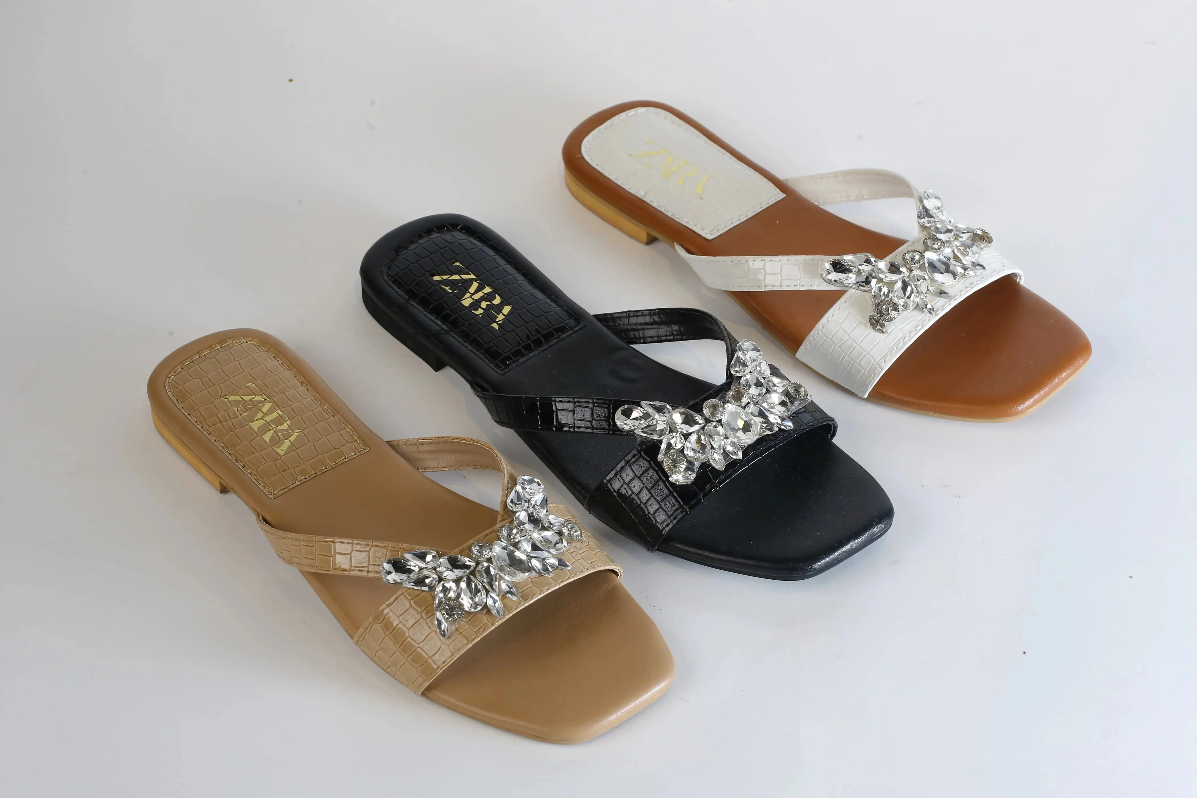 ZARA CRYSTAL FLAT SANDALS - BLACK