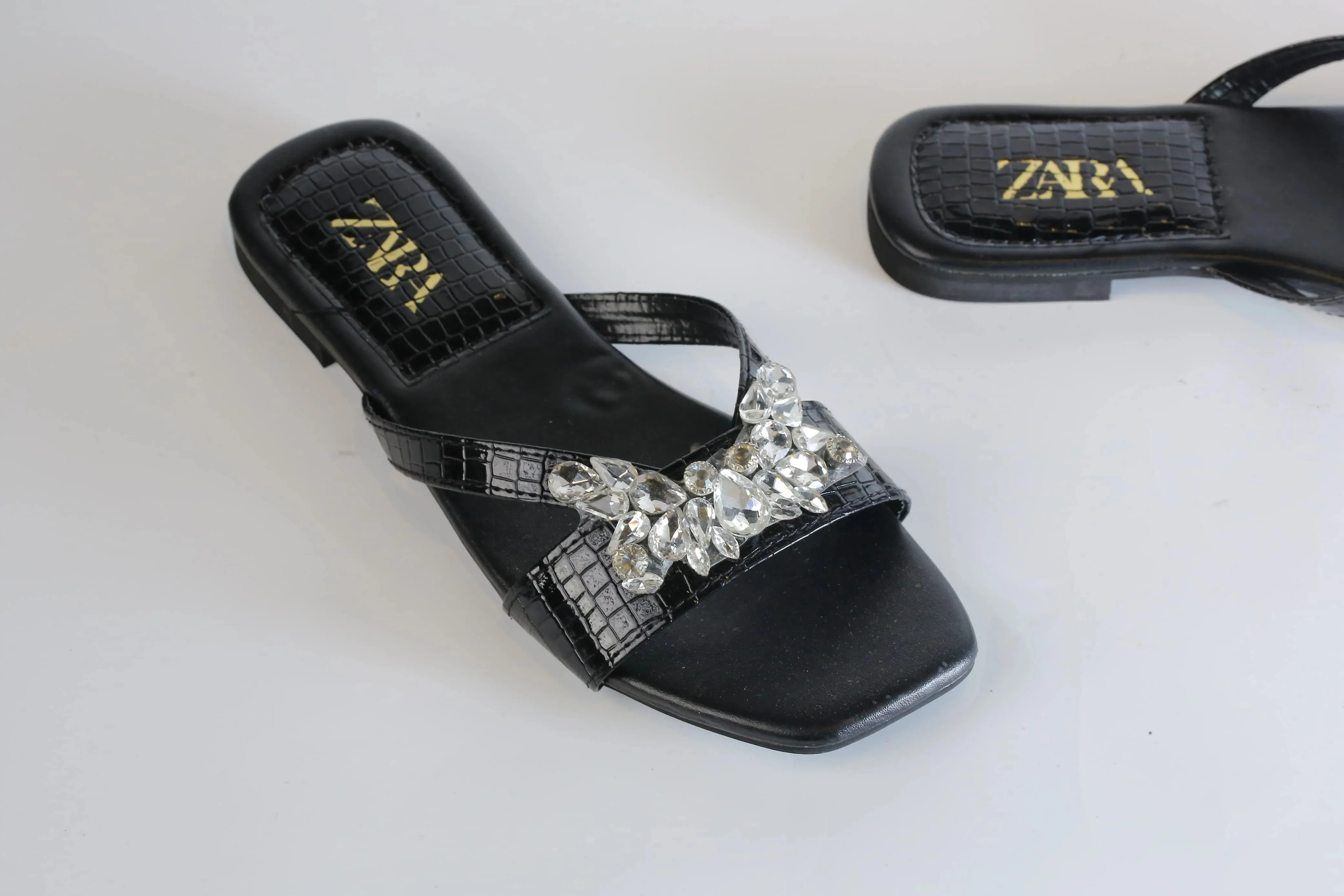 ZARA CRYSTAL FLAT SANDALS - BLACK