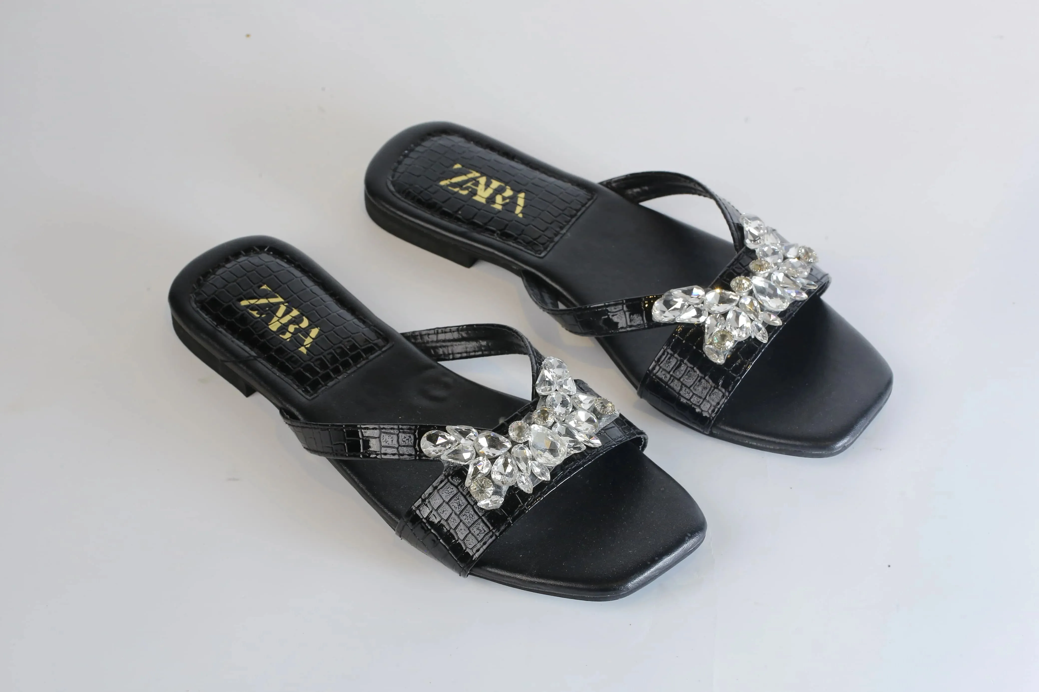 ZARA CRYSTAL FLAT SANDALS - BLACK