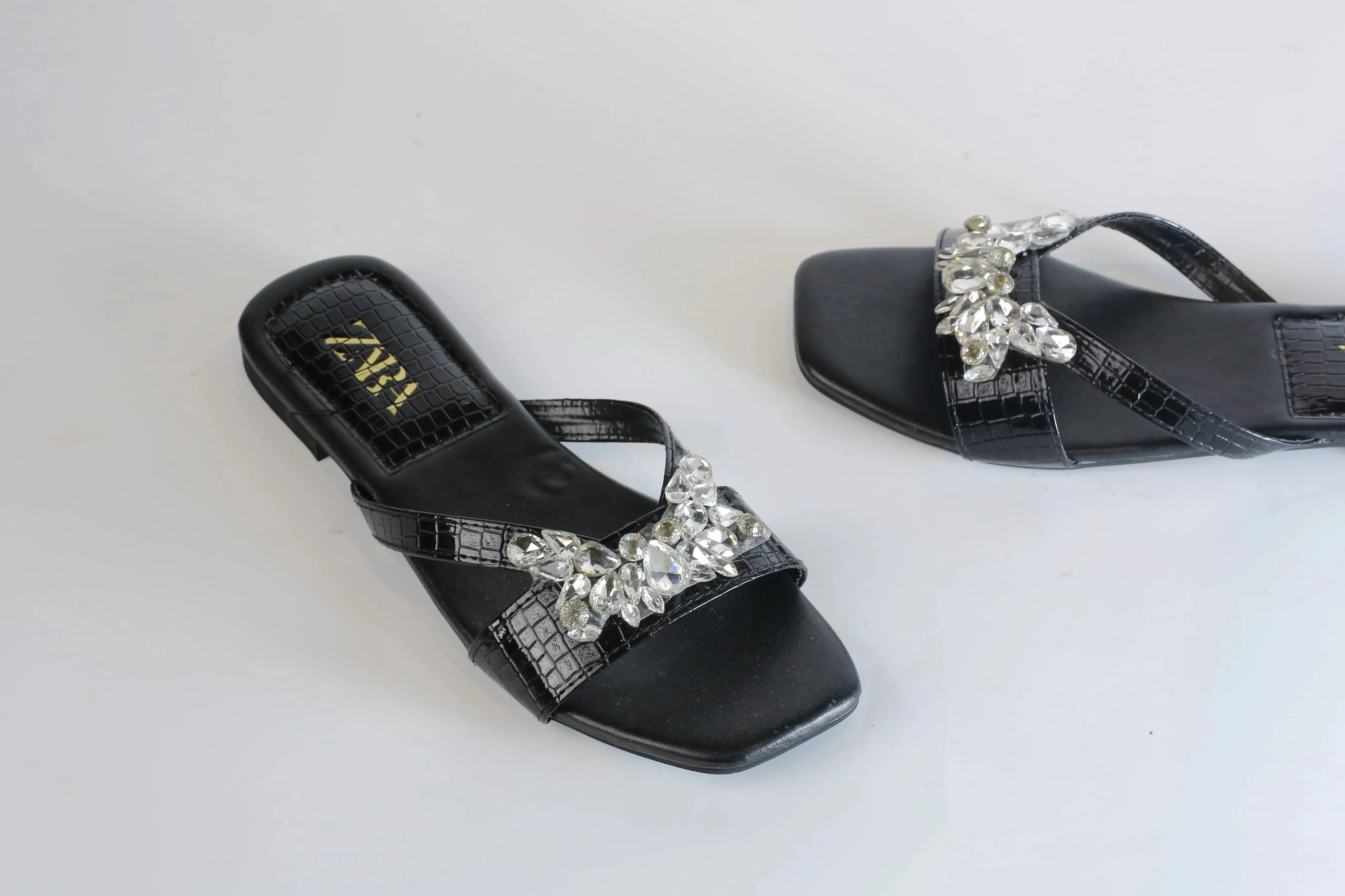 ZARA CRYSTAL FLAT SANDALS - BLACK