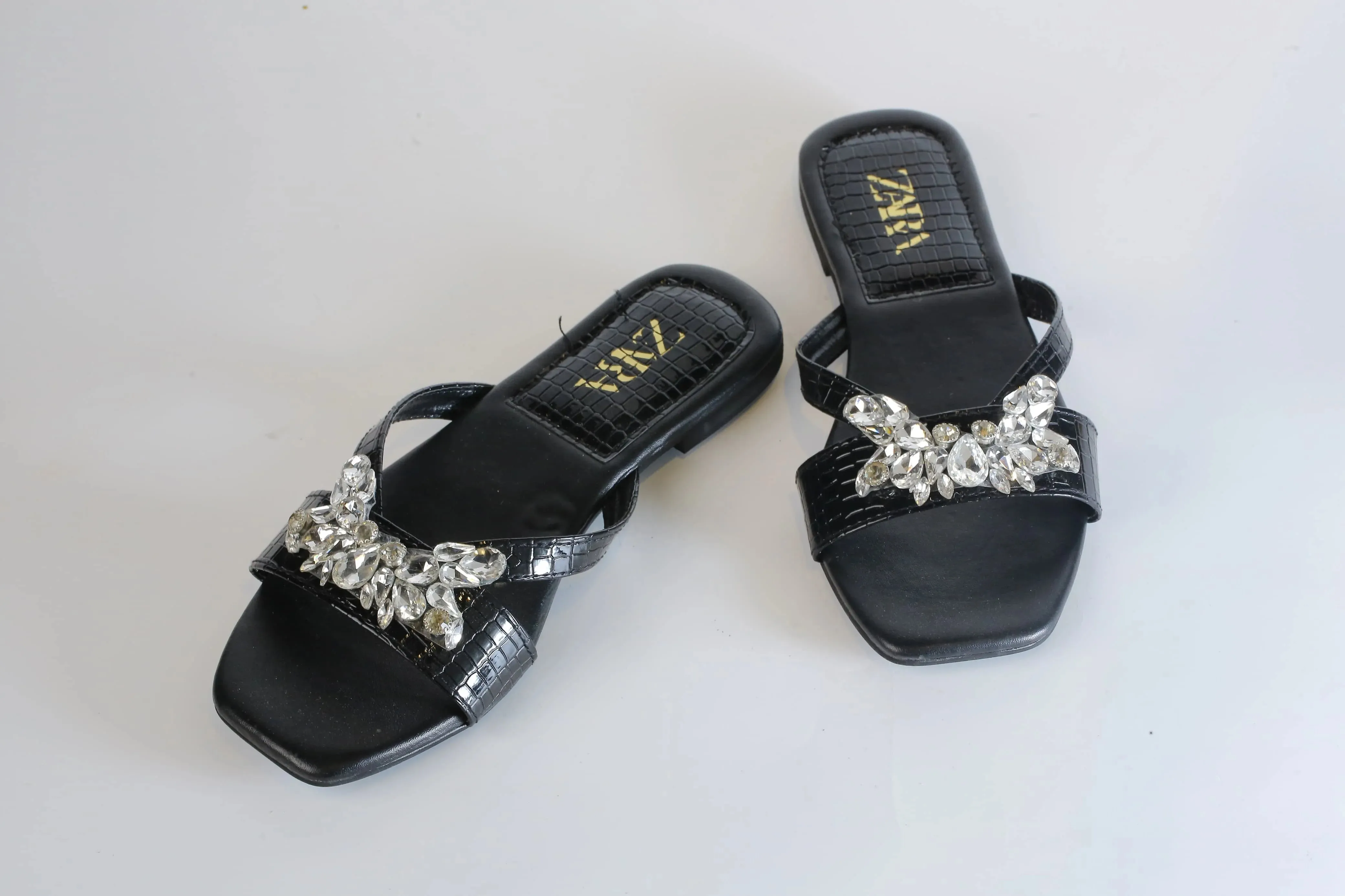 ZARA CRYSTAL FLAT SANDALS - BLACK